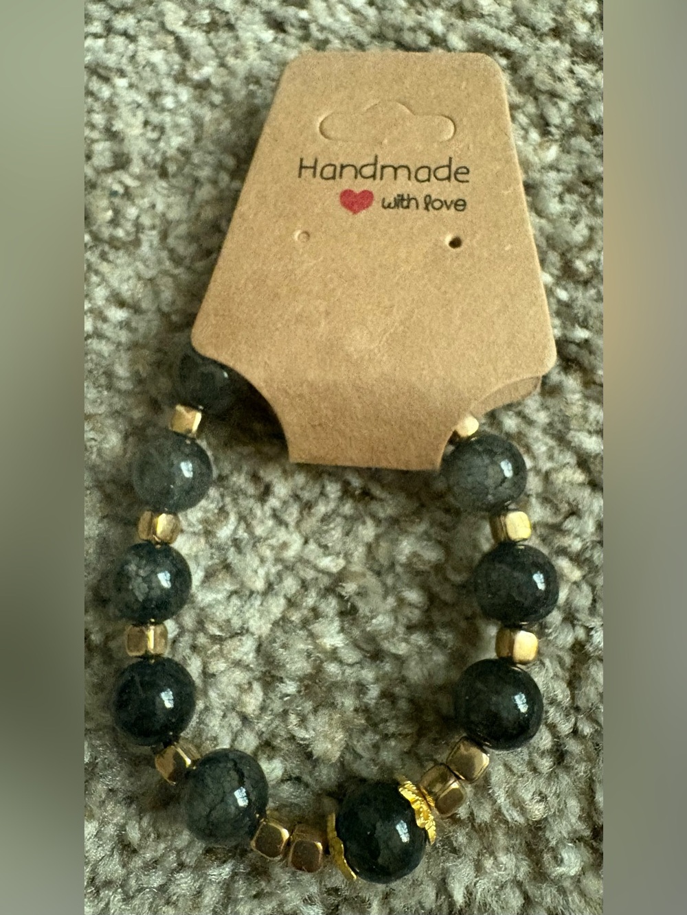 Handmade Black Beaded Stretch Bracelet with Gold Accents